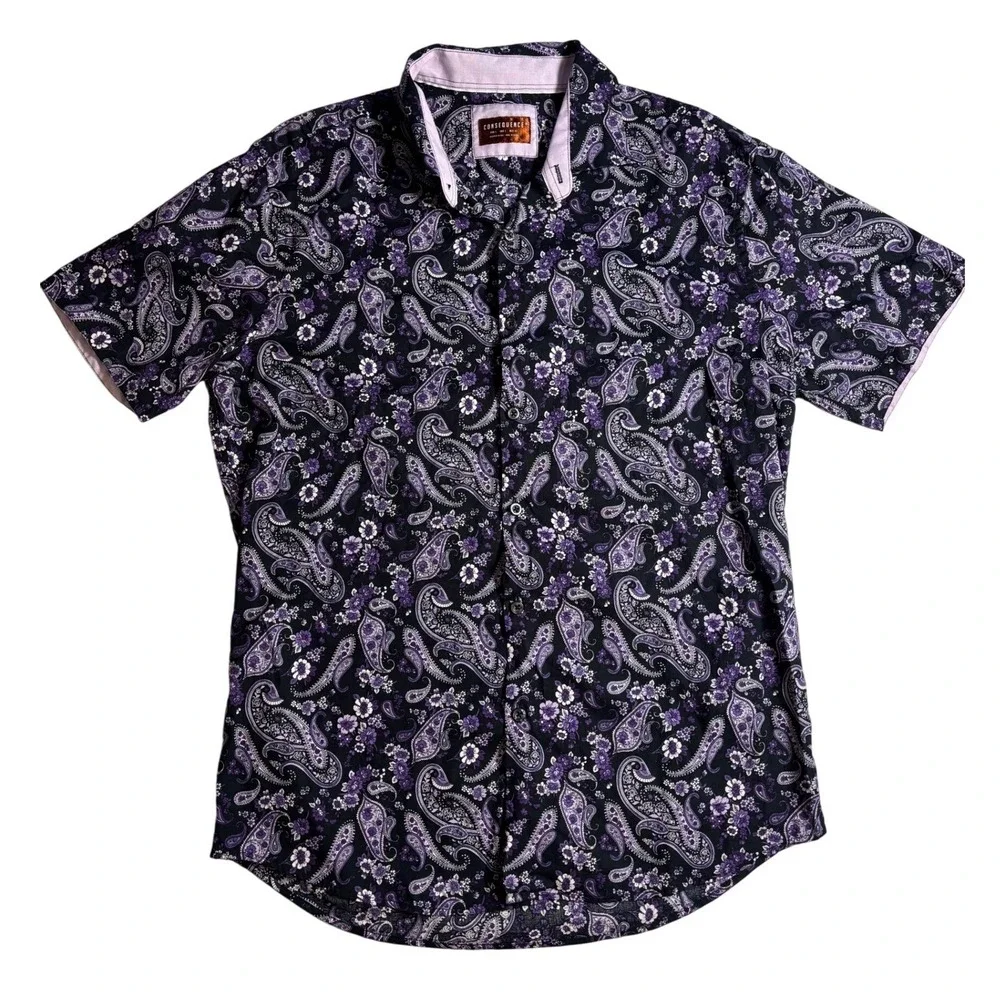 Consequence Men's L Paisley Button Up Shirt Purple Black Short Sleeve Casual - Picture 1 of 2